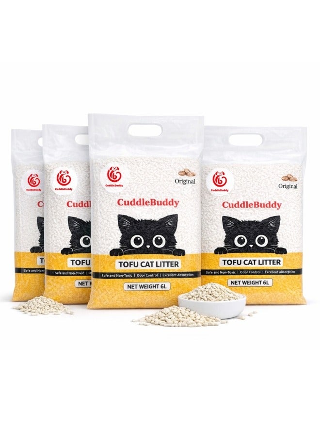 CuddleBuddy Tofu Cat Litter, Original Milk Scent, Strong Clumping, Low Dust Odor Control, Eco‑Friendly Plant‑Based Pellets, 6 L (2.5 kg) Bags, Pack of 4 - Image 1